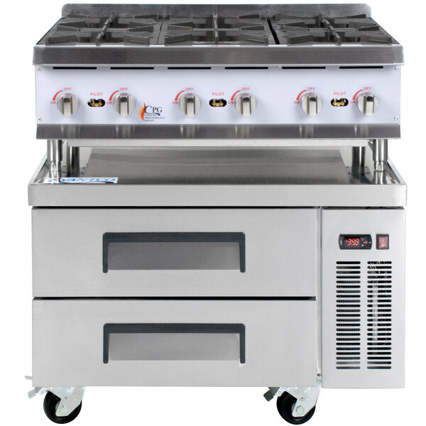 Cooking Performance Group 36RRBNL 6 Burner Gas Countertop Range / Hot Plate with 36", 2 Drawer Refrigerated Chef Base - 132,000 BTU