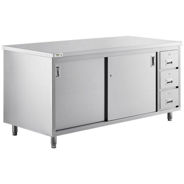 Regency 30" x 72" 16 Gauge Type 304 Stainless Steel Enclosed Base Sliding Door Table with Drawers