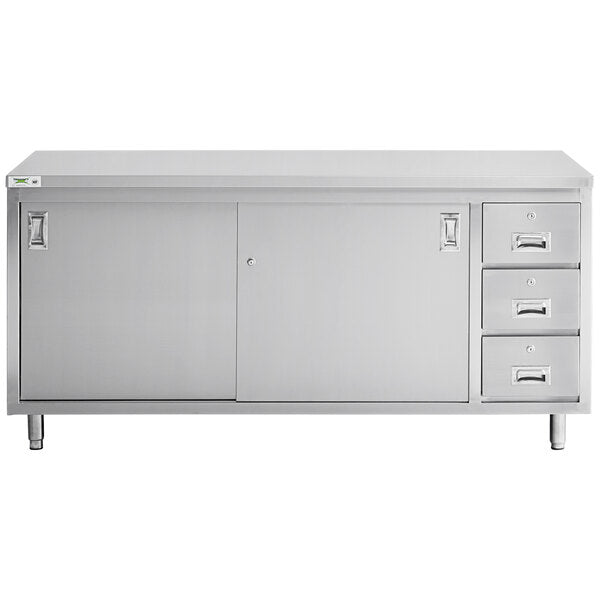 Regency 30" x 72" 16 Gauge Type 304 Stainless Steel Enclosed Base Sliding Door Table with Drawers