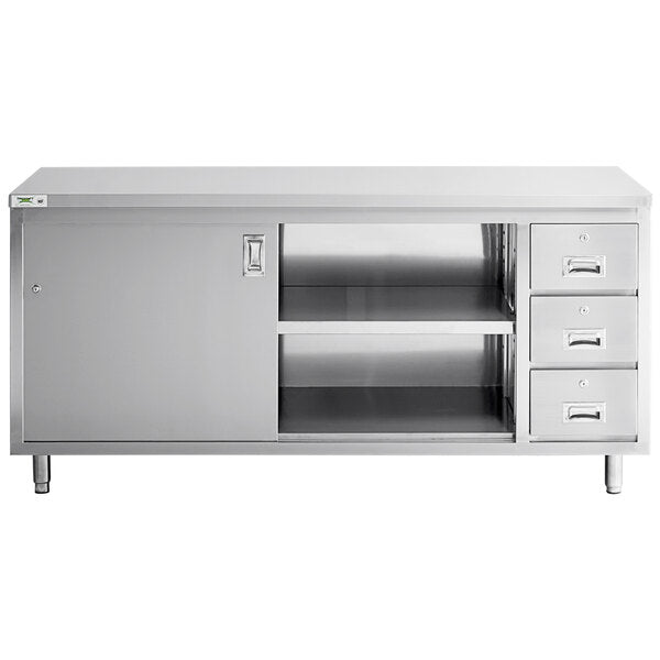 Regency 30" x 72" 16 Gauge Type 304 Stainless Steel Enclosed Base Sliding Door Table with Drawers