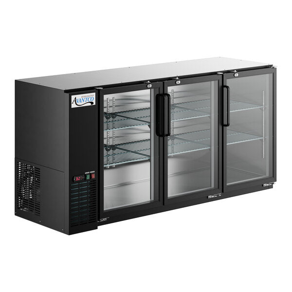 Avantco UBB-72-GT-G 73" Black Underbar Height Narrow Glass Door Back Bar Refrigerator with Galvanized Top and LED Lighting