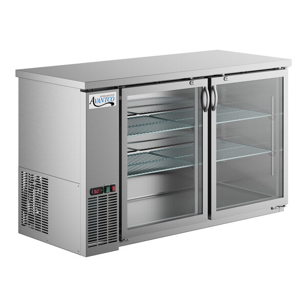 Avantco UBB-60G-HC-S 60" Stainless Steel Counter Height Narrow Glass Door Back Bar Refrigerator with LED Lighting