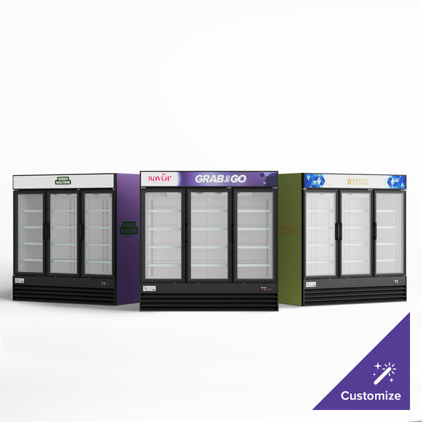 Avantco GDC-69-HC 78 1/4" Black Customizable Swing Glass Door Merchandiser Refrigerator with LED Lighting