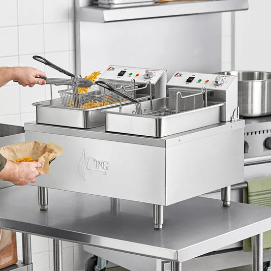 Cooking Performance Group EF302 30 lb. Dual Tank Heavy-Duty Electric Countertop Fryer - 208/240V, 8400/11,000W