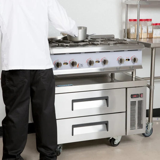Cooking Performance Group 36RRBNL 6 Burner Gas Countertop Range / Hot Plate with 36", 2 Drawer Refrigerated Chef Base - 132,000 BTU