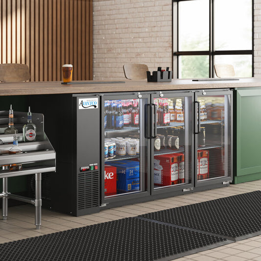 Avantco UBB-72-GT-G 73" Black Underbar Height Narrow Glass Door Back Bar Refrigerator with Galvanized Top and LED Lighting