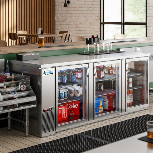 Avantco UBB-4G-HC 90" Stainless Steel Counter Height Glass Door Back Bar Refrigerator with LED Lighting