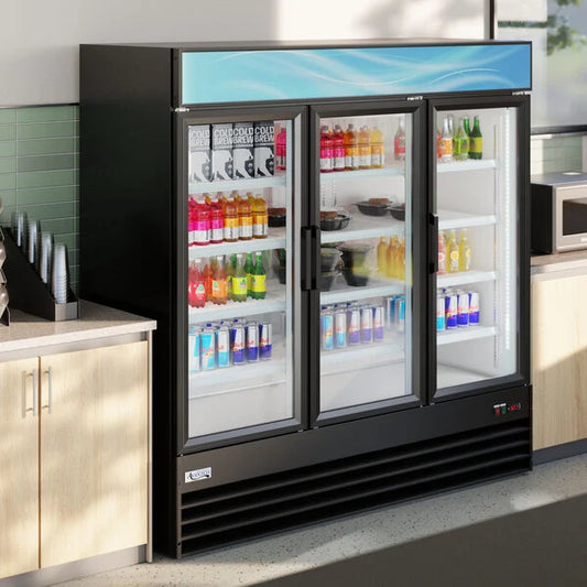 Avantco GDC-69-HC 78 1/4" Black Customizable Swing Glass Door Merchandiser Refrigerator with LED Lighting