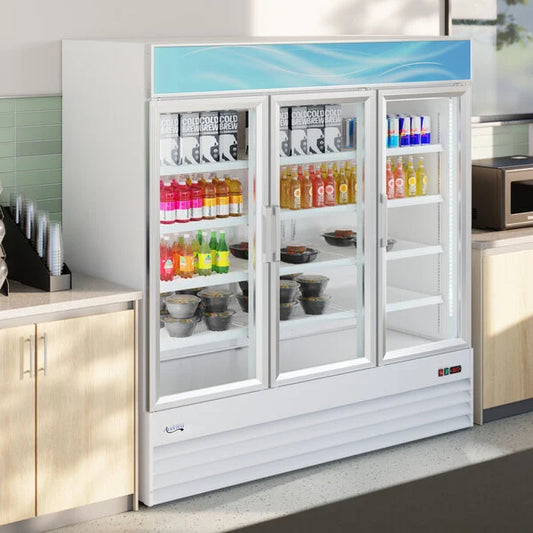 Avantco GDC-69-HC 78 1/4" White Customizable Swing Glass Door Merchandiser Refrigerator with LED Lighting